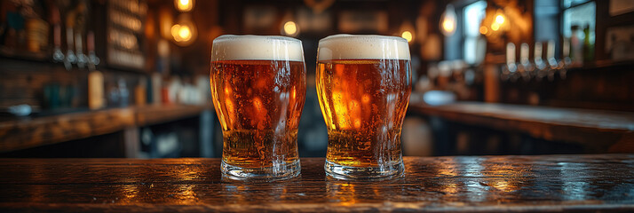 Two glasses of beer are sitting on a bar top in a warmly lit pub, with condensation clinging to the sides of the glasses