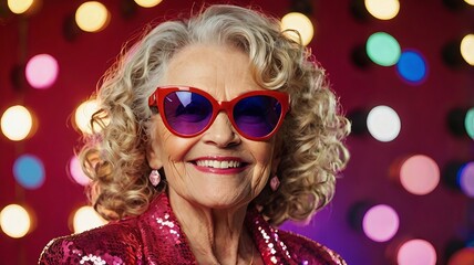 Bright Portrait Of An Elderly Woman In Glasses At A Disco Party, Retro Style And Festive Mood. Concept Of Poster, Banner, Invitation, Party, Disco In 80-90 Style