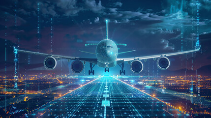 A Futuristic Airplane Takes off at Night With Neon Lights and Digital Elements Enhancing the Runway, Showcasing Advanced Aviation Technology and Innovation in Transportation