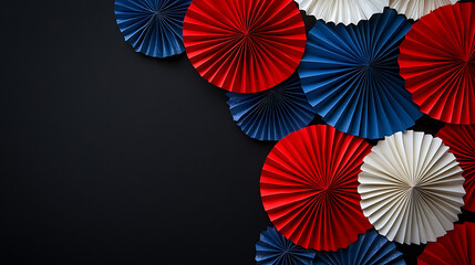 Red, white and blue paper fans decoration on a black background for a US holiday Web banner with copy space