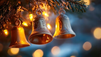 Christmas bells with vibrant glow, soft lighting, cozy holiday scene