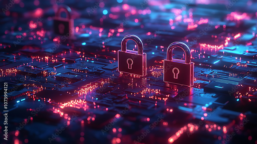 Aufkleber Secure global network with glowing connections and padlocks cybersecurity concept digital art