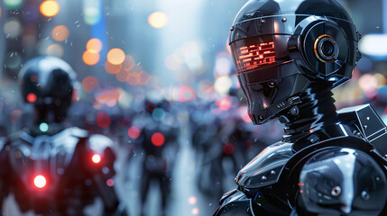 Futuristic Robots Patrol a Bustling City Street at Night, Illuminated by Vibrant Lights and a Sense of Urgency in Their Movements