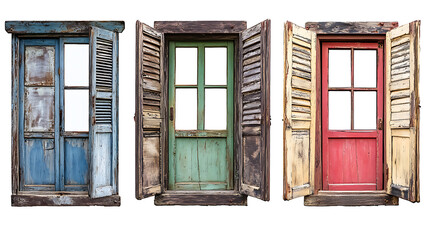 Obraz premium Rustic old farm window frame set various colors open shutters weathered wooden texture isolated premium cutout