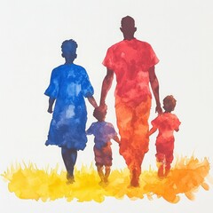 Naklejka premium Colorful Watercolor Family Silhouette Walking Together: Love, Unity, and Togetherness