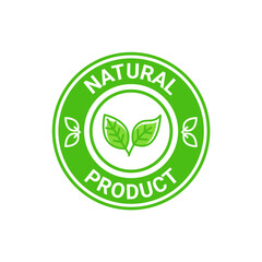 Natural product label with green leaf design. Eco-friendly emblem featuring leaves and circular badge.