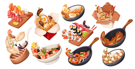 Flying cartoon Asian food set. Falling bowls with hot noodles and soup, wok of mussel and shrimp stir fry, sushi and rolls, cartoon takeaway boxes. Asian cuisine dishes collection vector illustration