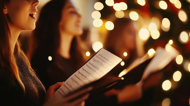 Christmas caroling with vibrant singers, soft lighting, cozy neighborhood vibe