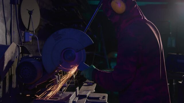 Blacksmith sharpens metal block on abrasive wheel of machine