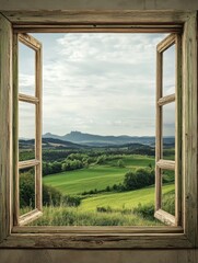 Fototapeta premium A vintage window reveals a lush green landscape framed by gentle hills and distant mountains beneath a cloudy sky. Generative AI