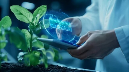 Futuristic farmer harvesting hydroponic plants in greenhouse using modern AI technology. Monitoring harvest growth progress. Smart farming agricultural technology. Future agro crops concept