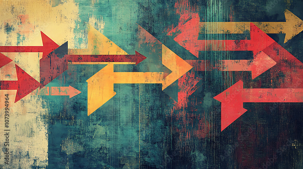 Poster thoughtprovoking digital illustration of arrows pointing in various directions on an artistic backgr