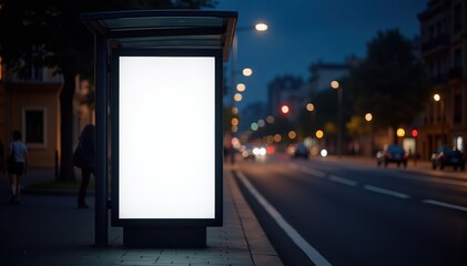 City Bus Stop at Dusk Amidst Bustling Urban Activity. Street advertising bus stop mockup
