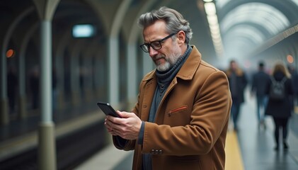 Man in Deep Thought Checking Phone in Subway Station
