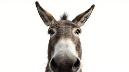 Generative AI, close-up of a gray donkey with soulful eyes against white background