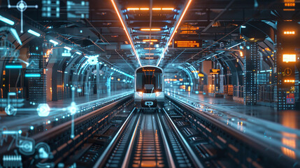 A Futuristic Subway Train Arrives at a High-Tech Underground Station Illuminated by Neon Lights and Digital Displays