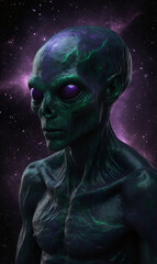Alien with purple glow and black eyes in the void