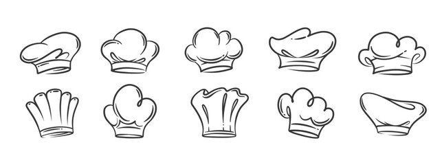 Chef hats contour icons set. Funny vintage sketch collection of different caps of kitchen staff. Gastronomy and gourmet cuisine mascot, hand drawn restaurant chef costumes icons vector illustration