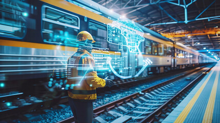 A Railway Worker Monitors Train Operations With Advanced Technology at a Busy Urban Station During the Daytime, Ensuring Safety and Efficiency in Transportation