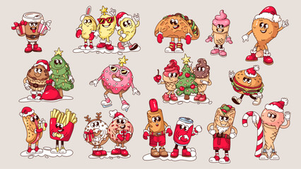 Fototapeta premium Groovy Christmas fast food cartoon characters set. Funny retro hotdog and coffee, French fries and ice cream, burger, donut. Christmas mascots, cartoon collection of 70s 80s style vector illustration