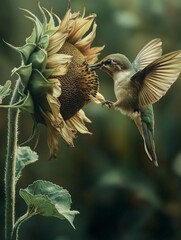 Fototapeta premium A hummingbird gracefully hovers while feeding on a sunflower, surrounded by lush greenery. the delicate interaction essence of wildlife pollination and the serene beauty of nature, showcasing a