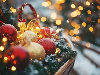 Christmas sleigh with vibrant decorations, soft glow, cozy winter setting