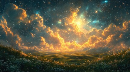 Fototapeta premium A glowing, starry sky over a green field with white flowers.