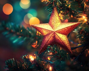 Christmas star atop a vibrant tree, soft lighting, cozy ambiance