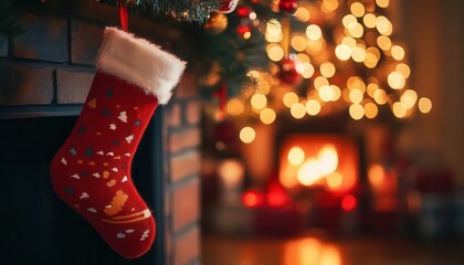 Christmas stocking hung by the fireplace, vibrant colors, soft glow, cozy setting