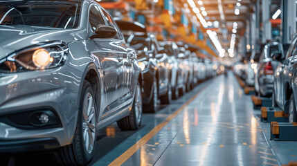 Production Line of Modern Vehicles at an Automotive Manufacturing Facility During the Day, Showcasing the Assembly Process and a Row of Completed Cars Ready for Distribution
