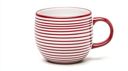 Close-up of a red and white striped ceramic mug, smooth handle and glossy finish, isolated on a clean white background, cozy and inviting