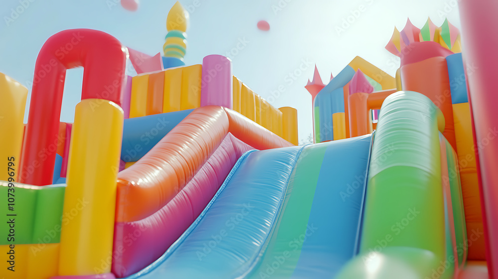 Poster colorful inflatable bouncy castle with slide on sunny day at playground 12