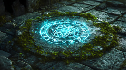 Naklejka premium Ancient glowing magic circle in blue, engraved into a moss-covered stone floor, with arcane symbols shimmering. Arcane. Illustration