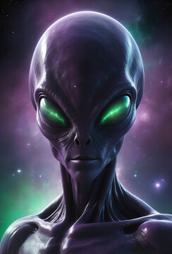 Alien in space with shining eyes and violet light