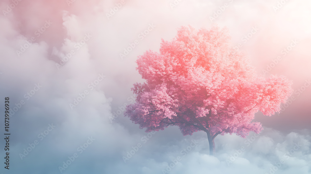 Poster ethereal pink tree in cloudy background blurred bottom and white smoke effect