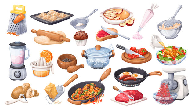 Cooking processes, cartoon food preparation set. Making dough, meals with different ingredients, kitchen equipment and tools. Recipe mascots, cartoon cooking technique collection vector illustration