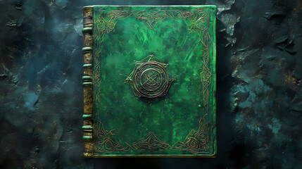 Ancient green theme grimoire adorned with arcane symbo background. Arcane. Illustration