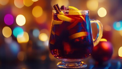 Mulled wine with vibrant colors, soft lighting, cozy holiday atmosphere