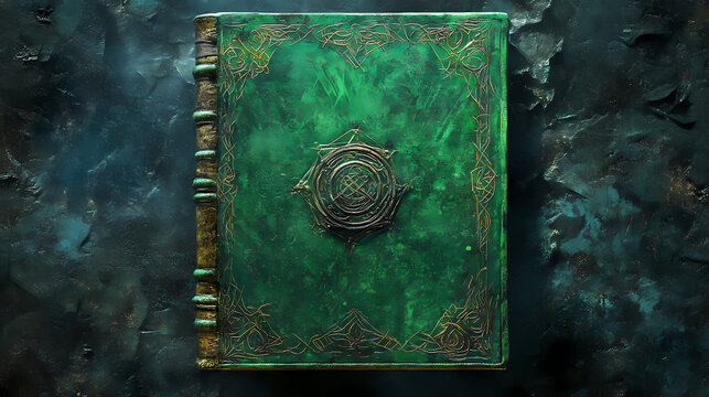Ancient green theme grimoire adorned with arcane symbo background. Arcane. Illustration