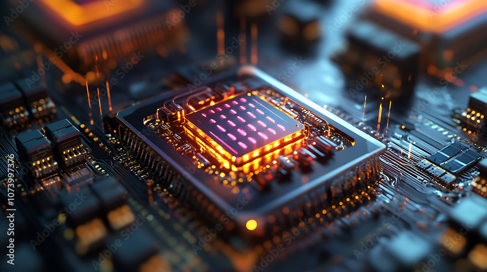 Poster Futuristic quantum computing processor in supercomputer server room 3d illustration