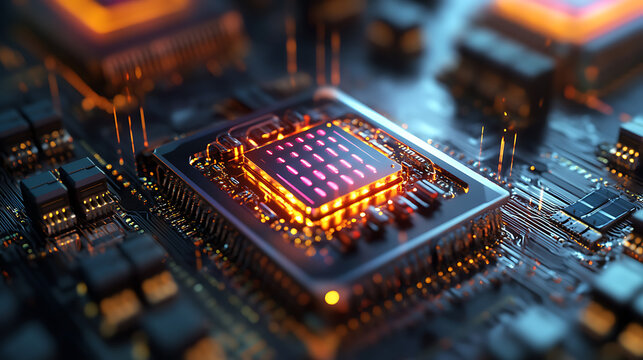 Futuristic quantum computing processor in supercomputer server room 3d illustration