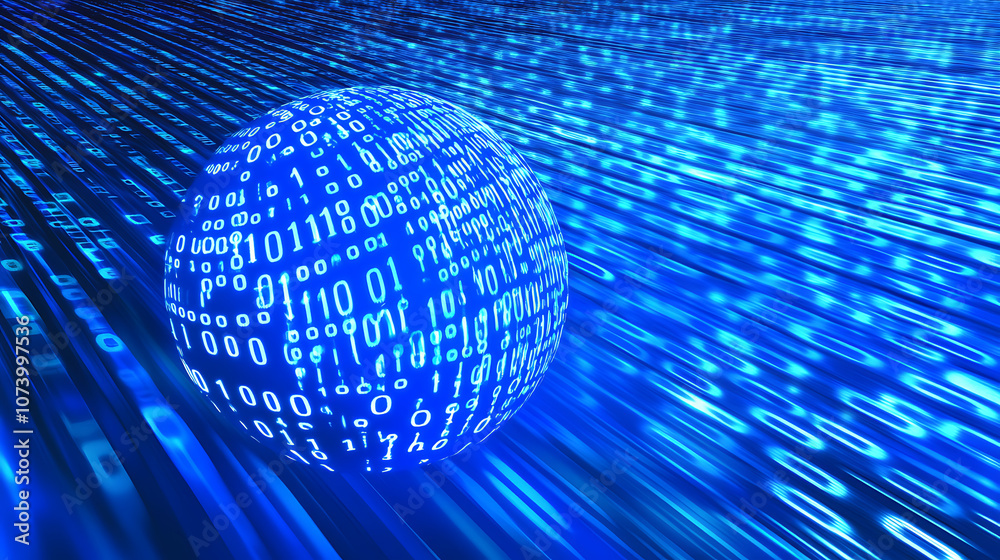 Poster Digital globe on blue background with binary code, symbolizing global internet connection and data transfer technology