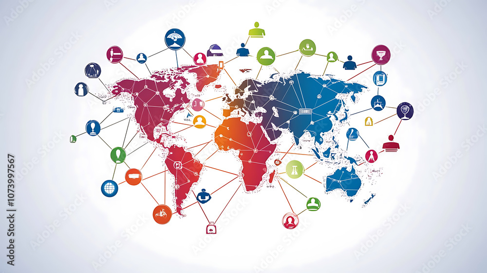 Poster global business network concept interconnected web of companies and industries abstract illustration