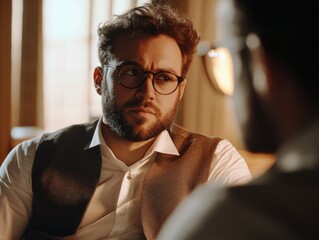 Fototapeta premium Casual Conversation between Two Men in a Comfortable Setting
