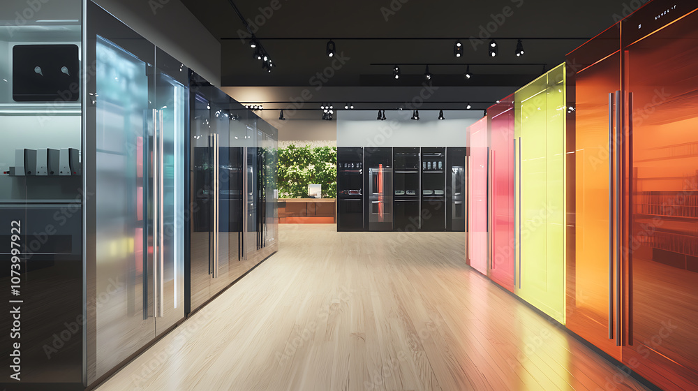Poster eclectic display of empty glass door refrigerators in appliance store showroom 3d render visualizati