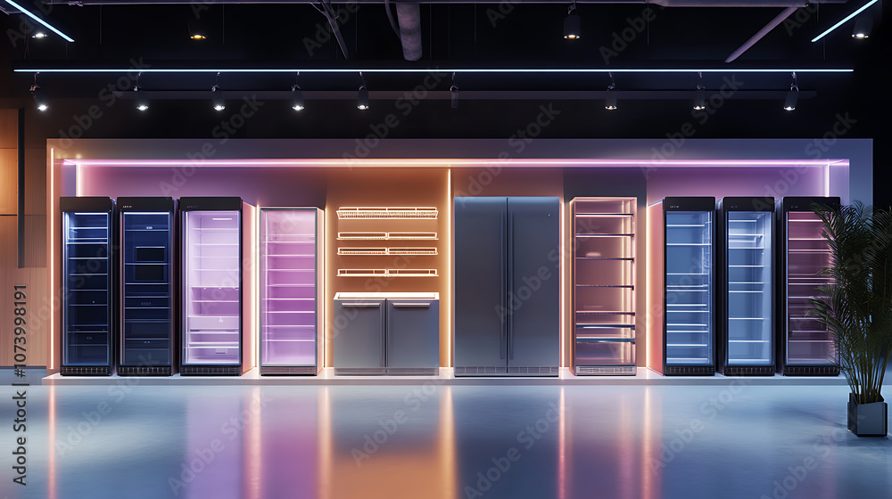 Poster Eclectic display of empty glass door refrigerators in appliance store showroom 3d render visualization