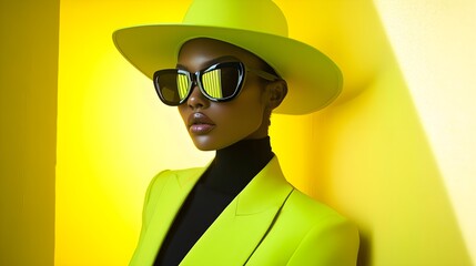 Vivid neon ensemble strikingly bright in a black-and-white formal setting, capturing the essence of self-expression against a traditional backdrop, neon fashion, formal event contrast