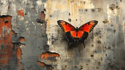 Fotobehang  Vivid butterfly landing on a weathered concrete wall in a gritty industrial city, a pop of life against urban monotony, industrial butterfly, life amidst decay  © Paul