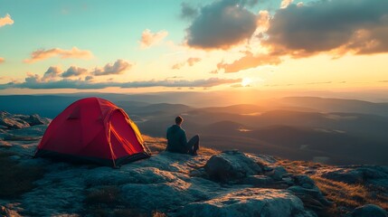 A man camping on a mountain top at sunrise