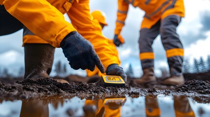 Close-up of engineers wearing safety gear near a landfill gas vent, monitoring methane readings on a digital device under a cloudy sky, earth tones dominate
